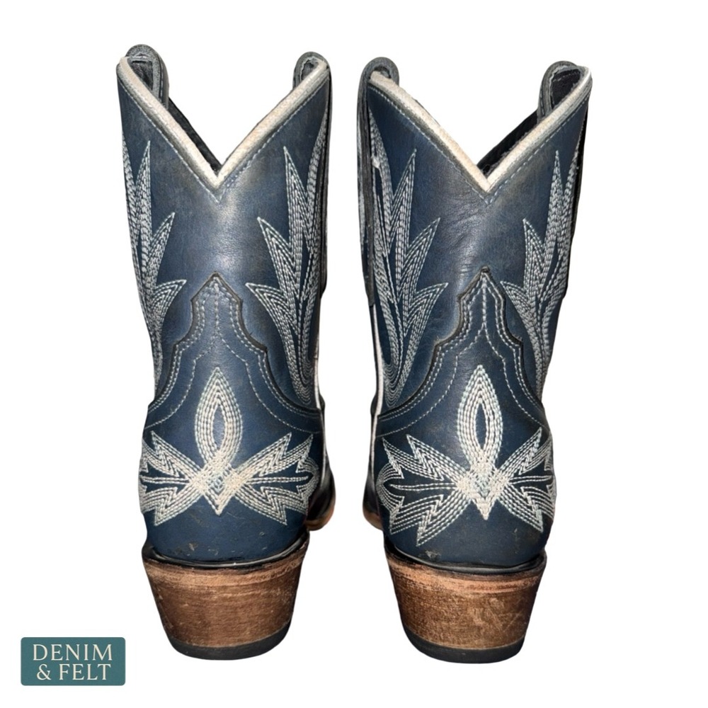 Lane Midnight‎ Blue Distressed Western Booties Snip Toe Embroidered Leather 7.5B - Picture 9 of 12